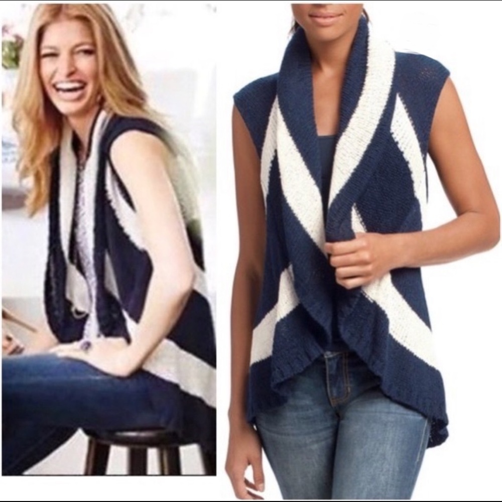 Navy blue and white striped cardigan. Size small.